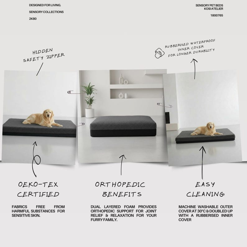 K&ouml;nnte beinhalten: Ein Hundebett mit dunkelgrauer Oberseite und schwarzem Sockel. Das Bett ist rechteckig und ein Hund liegt darauf. Das Bild enth&auml;lt auch den Text "OEKO-TEX CERTIFIED" und "ORTHOPEDIC BENEFITS".