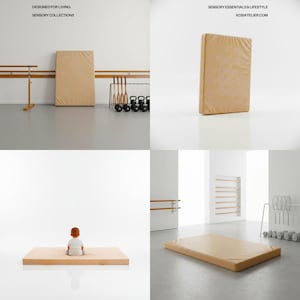 Peut inclure: Tapis de sol rectangulaire beige. Le tapis est présenté dans différents environnements, notamment une salle de sport et une pièce avec un enfant. Le texte "DESIGNED FOR LIVING. SENSORY COLLECTIONS" est visible.
