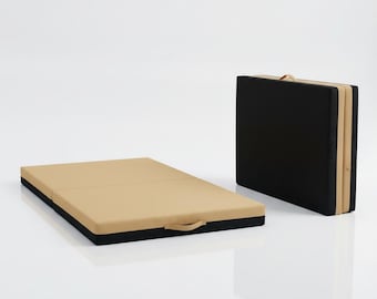 Beige Bi-Fold Crash Mat: Water-Resistant Gym Mat with Straps