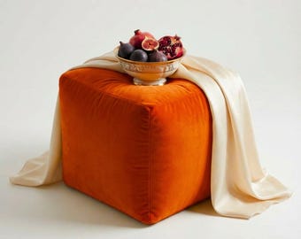 Plush Velvet Pumpkin Ottoman: Orange Beanbag Footstool Pouf