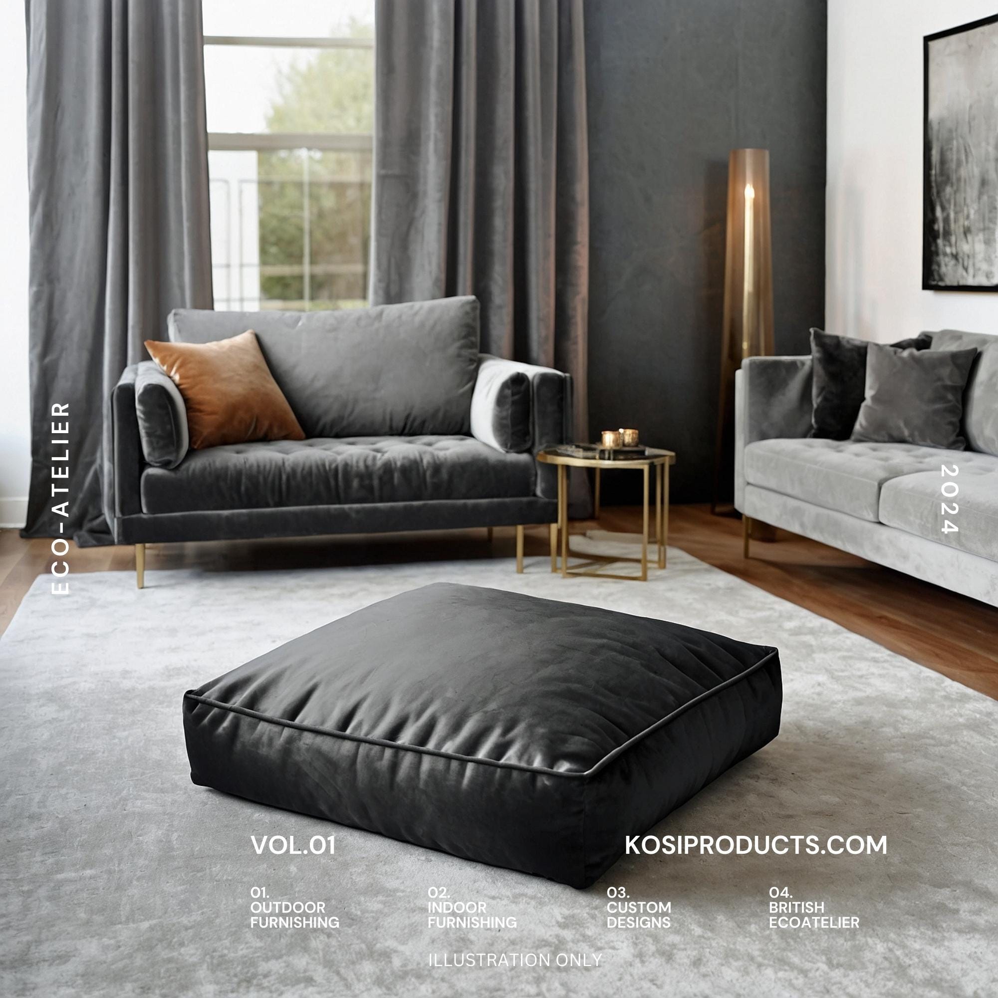 Black Velvet Bean Bag Floor Cushion: Square Ottoman Pouf (60cm) - Etsy