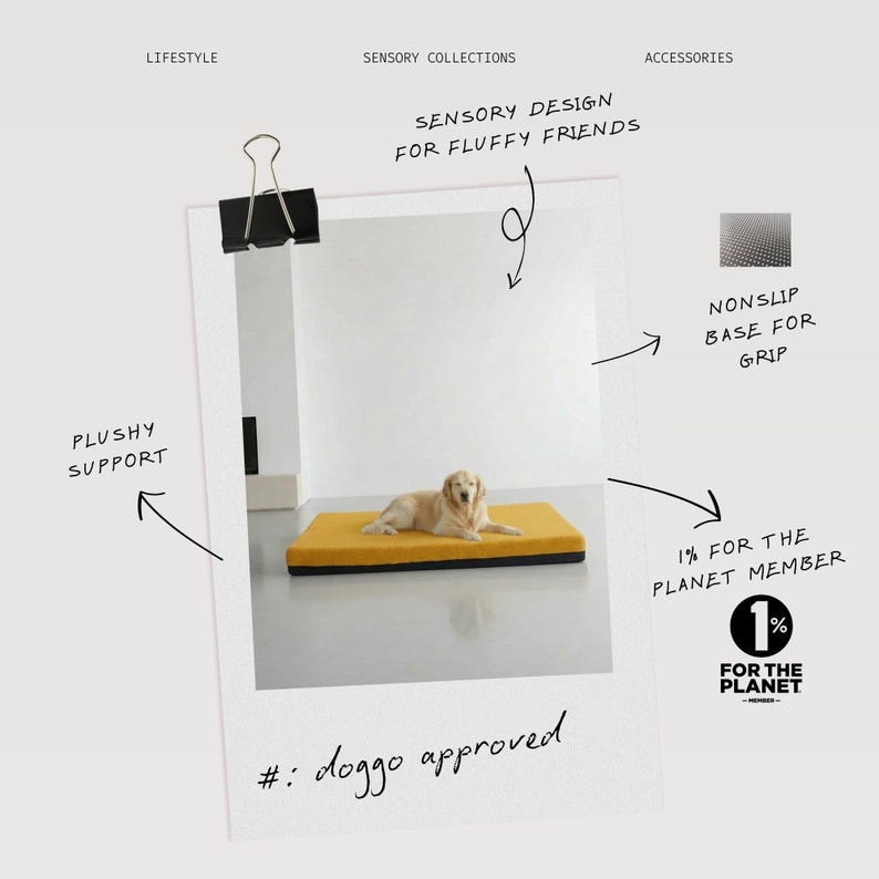 May include: A golden retriever rests on a yellow dog bed with a black border. The bed has a non-slip base and plushy support. Text on the image says "Sensory design for fluffy friends" and "# doggo approved."