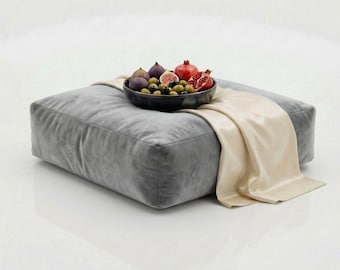 Silver Grey Plush Velvet Bean Bag Floor Cushion: Square Ottoman Pouf