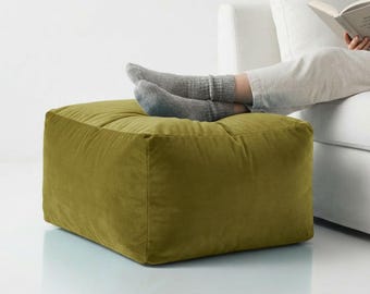 Sage Green Velvet Ottoman Beanbag: Plush Rectangle Footstool Pouf