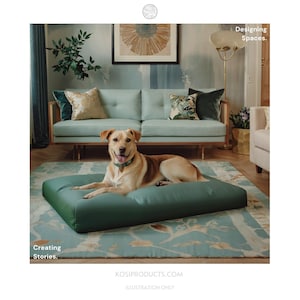 May include: A light green dog bed with a light brown dog lying on it. The dog bed is on a light blue rug with a floral pattern. The dog is looking at the camera. The text "Creating Stories." is in the bottom left corner of the image. The text "Designing Spaces." is in the top right corner of the image.
