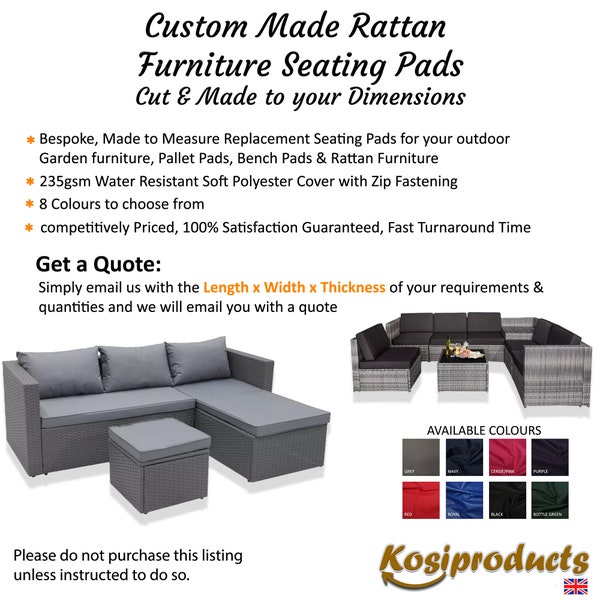 Custom made Rattan Pallet Bench Cushion Seating, Outdoor Pallet Pads, Outdoor Garden Furniture, rattan seating furniture, Bench Cushions