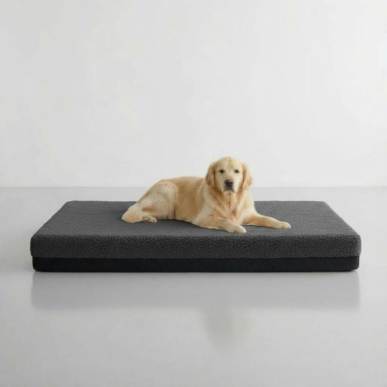 K&ouml;nnte beinhalten: Ein Golden Retriever liegt auf einem rechteckigen, dunkelgrauen Hundebett. Das Bett hat eine strukturierte, pl&uuml;schige Oberfl&auml;che und eine schwarze Basis. Der Hund blickt in die Kamera in einer hellen, minimalistischen Umgebung. Das Bett ist ca. 90 cm lang.