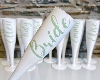 Sage Green Personalised Champagne Flutes | Personalised Sage Green & White Prosecco Flutes | Hen Do Champagne Flutes | Bridal Shower Memento