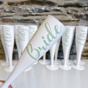 Sage Green Personalised Champagne Flutes | Personalised Sage Green & White Prosecco Flutes | Hen Do Champagne Flutes | Bridal Shower Memento