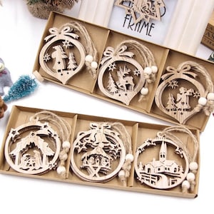 Pack of 12 Wooden Christmas Tree Decorations | Wooden Hanging Ornaments Gifts | Wooden Xmas Tree Snowman Deer Star Hearts Stocking Baubles