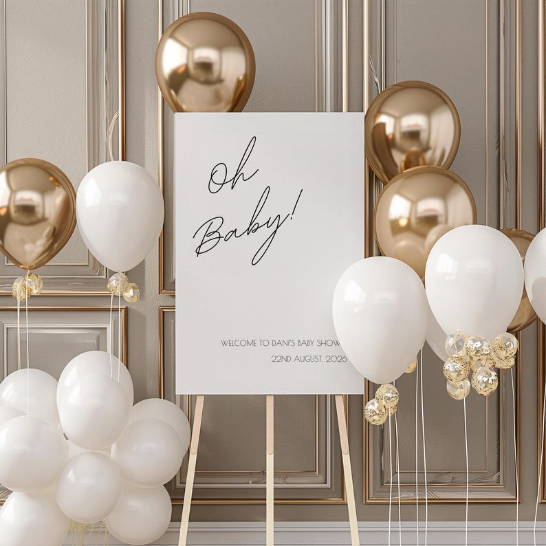 Cartello di benvenuto monocromatico delicato per baby shower "Oh Baby!" / Cartello personalizzato per baby shower / Cartello di benvenuto personalizzato per baby shower immagine 1