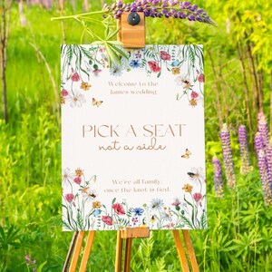 Wild Flowers Pick A Seat, Not A Side Sign | Wedding Ceremony Seating Sign | Fairytale Style Wedding Sign | Personalised Wedding Boards UK