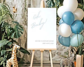 Blauw "Oh schatje!" Delicaat welkomstbord voor babyshowers | Aangepast babyshowerbord | Gepersonaliseerde welkomstbord babyshower