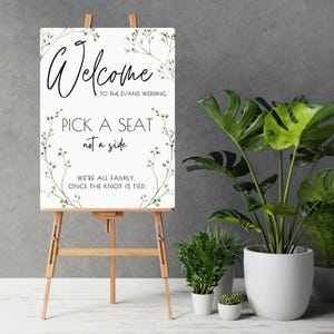 Baby&#39;s Breath Floral Pick A Seat, Not A Side Sign | Wedding Ceremony Seating Sign | Dainty Personalised Wedding Boards UK