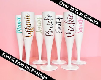 Personalised Bridal Party Champagne Flutes | Customised White Prosecco Flutes Birthday | Hen Party Plastic Flutes | Customised Prosecco Cups