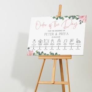 Pink Roses Floral Order Of The Day Sign | Wedding Order of Events Sign | Custom Wedding Timeline Board | Personalised Signage UK