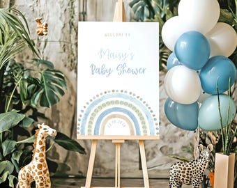 Cartello di benvenuto per baby shower con arcobaleno blu Boho / Cartello personalizzato per baby shower / Cartello di benvenuto personalizzato per baby shower