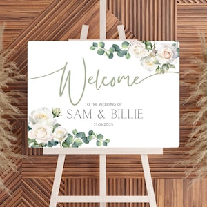 White Roses Floral Wedding Welcome Sign | Custom Wedding Sign UK | Sophisticated Welcome Sign | Personalised Wedding Boards UK