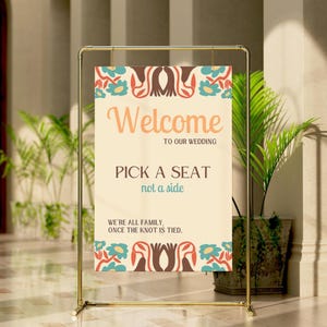 Retro Cream Pick A Seat, Not A Side Sign | Wedding Ceremony Seating Sign | Sophisticated Personalised Wedding Boards UK