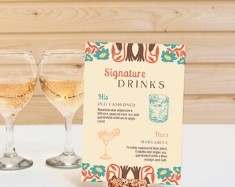 Retro Cream Signature Drinks Wedding Sign | Wedding Signature Cocktails Sign | Custom His and Hers Drinks Wedding Sign | UK