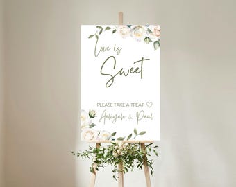 Letrero de boda "Love is Sweet" / Letrero de mesa de dulces con rosas blancas / Letrero de mesa de dulces de boda para recepción / Entrega rápida en el Reino Unido