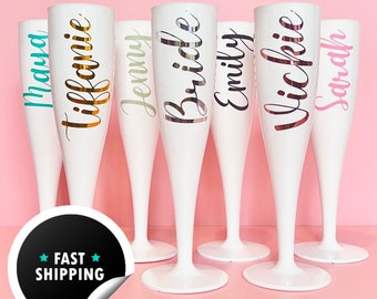 Custom Champagne Flutes | Personalised Bridal Party Flutes | White Custom Birthday Prosecco Flutes | Hen Party Custom Flutes UK