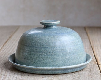 Butter Dish in blue, hand made in stoneware pottery, with button handle