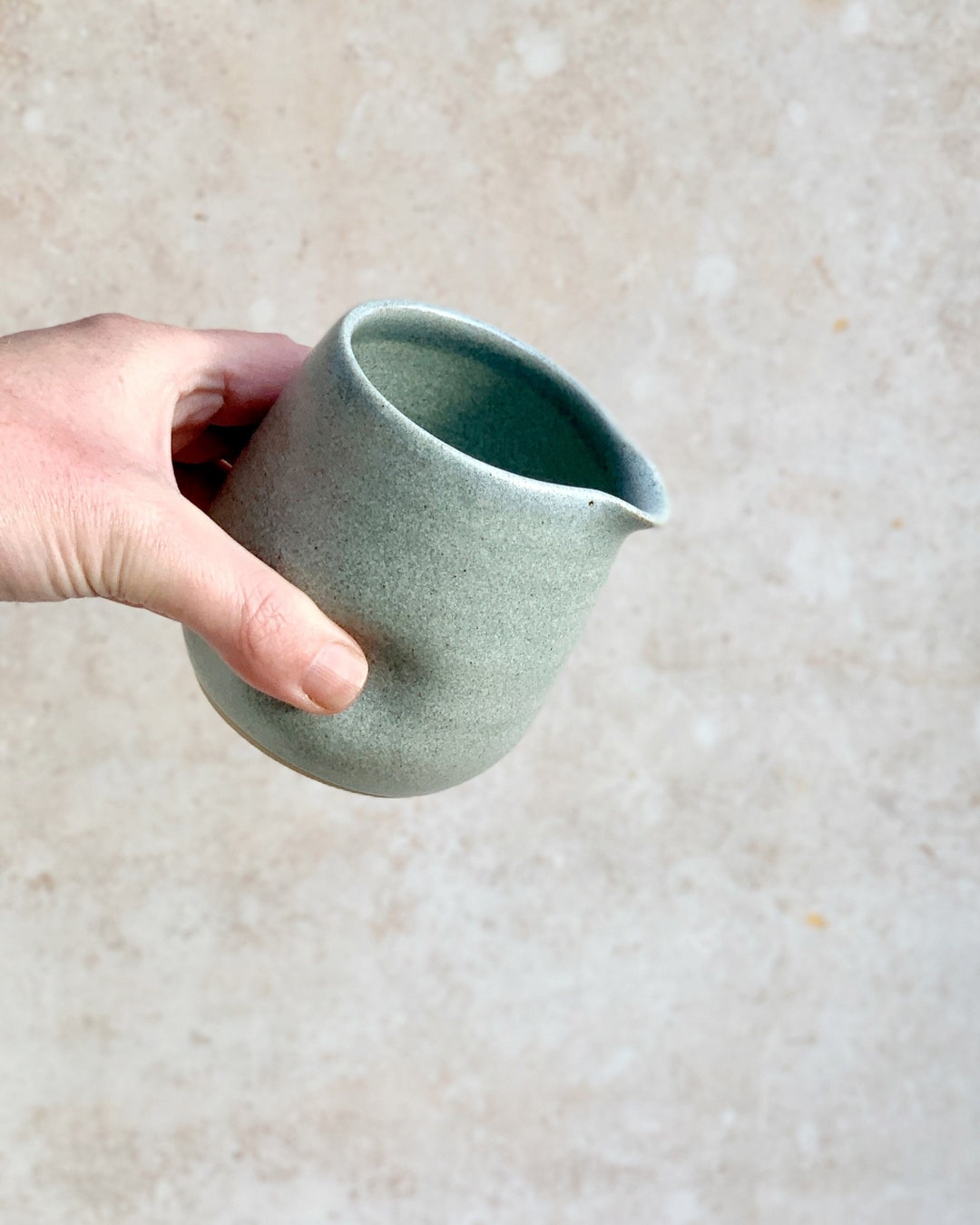 Blue Jug Pourer With Dimple, Hand Made in Stoneware Pottery, Thumb Cup