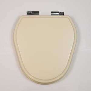 Puede incluir: Un asiento de inodoro de color crema con un borde redondeado y bisagras cromadas.