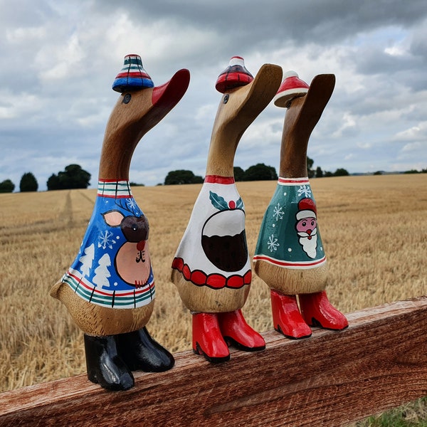 Christmas Jumper Ducks - 3 designs - pud, santa, reindeer - bamboo root painted xmas duck *gift idea*