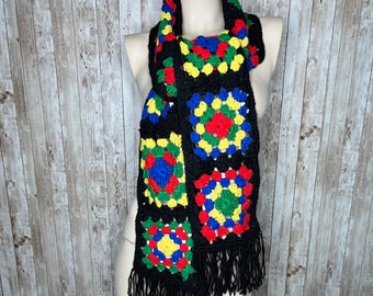 Vintage Hand Crocheted Granny Square Black Afghan Scarf with Fringe, Hippie Boho 70s Black Multicolor Scarf, OOAK Vintage Handmade Scarf