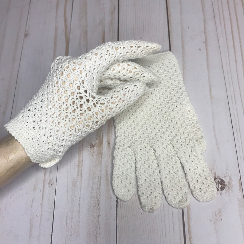 Vintage Crochet Gloves Bridal Accessory, Off-White Cotton Costume Special Event Gloves image 1