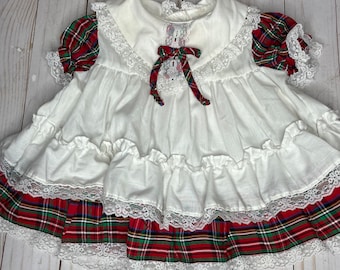 Vintage Disney Winnie the Pooh Brand Christmas Holiday Dress Size Small, Red and White Tartan Plaid Ruffled Little Girl Infant Dress