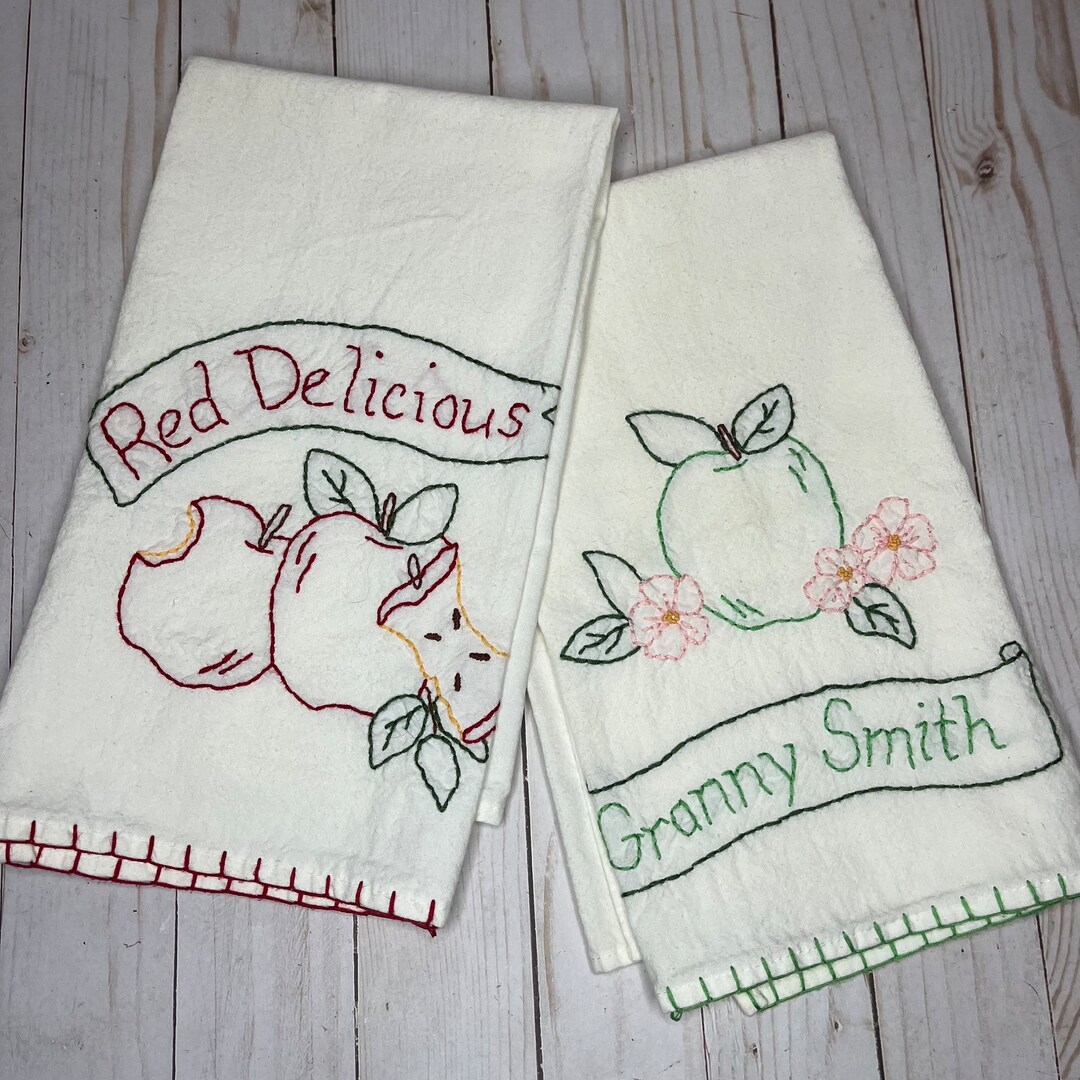 Vintage Hand Embroidered Apple Themed Tea Towels Pair of Etsy