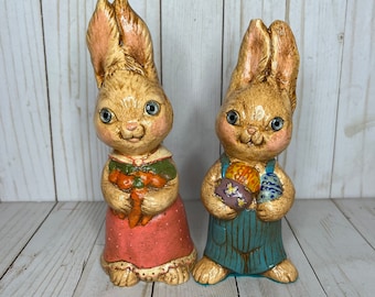 Vintage Ceramic Bunny Rabbit Figurines Set of Two, Chalkware Boy and Girl Bunny Knick-Knacks