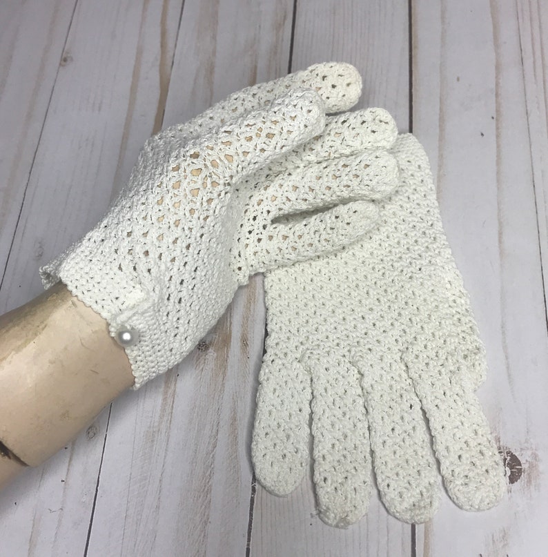 Vintage Crochet Gloves Bridal Accessory, Off-White Cotton Costume Special Event Gloves image 7