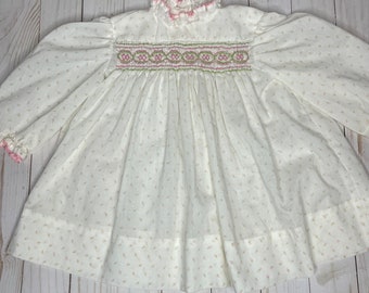 Vintage Handmade Hand Smocked Infant Little Girls Dress White with Pink Rosebuds, Vintage Baby Clothes, Vintage Children’s Clothes