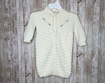 Vintage Knit Baby Bunting Hooded Zip Up Sweater Sack, Off White Blue Flowers, Friedknit Creations, Infant Size, Made in Greece