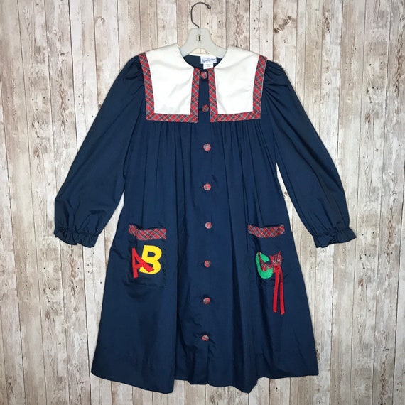 Vintage Navy Blue Schoolgirl Dress with Front Ple… - image 1