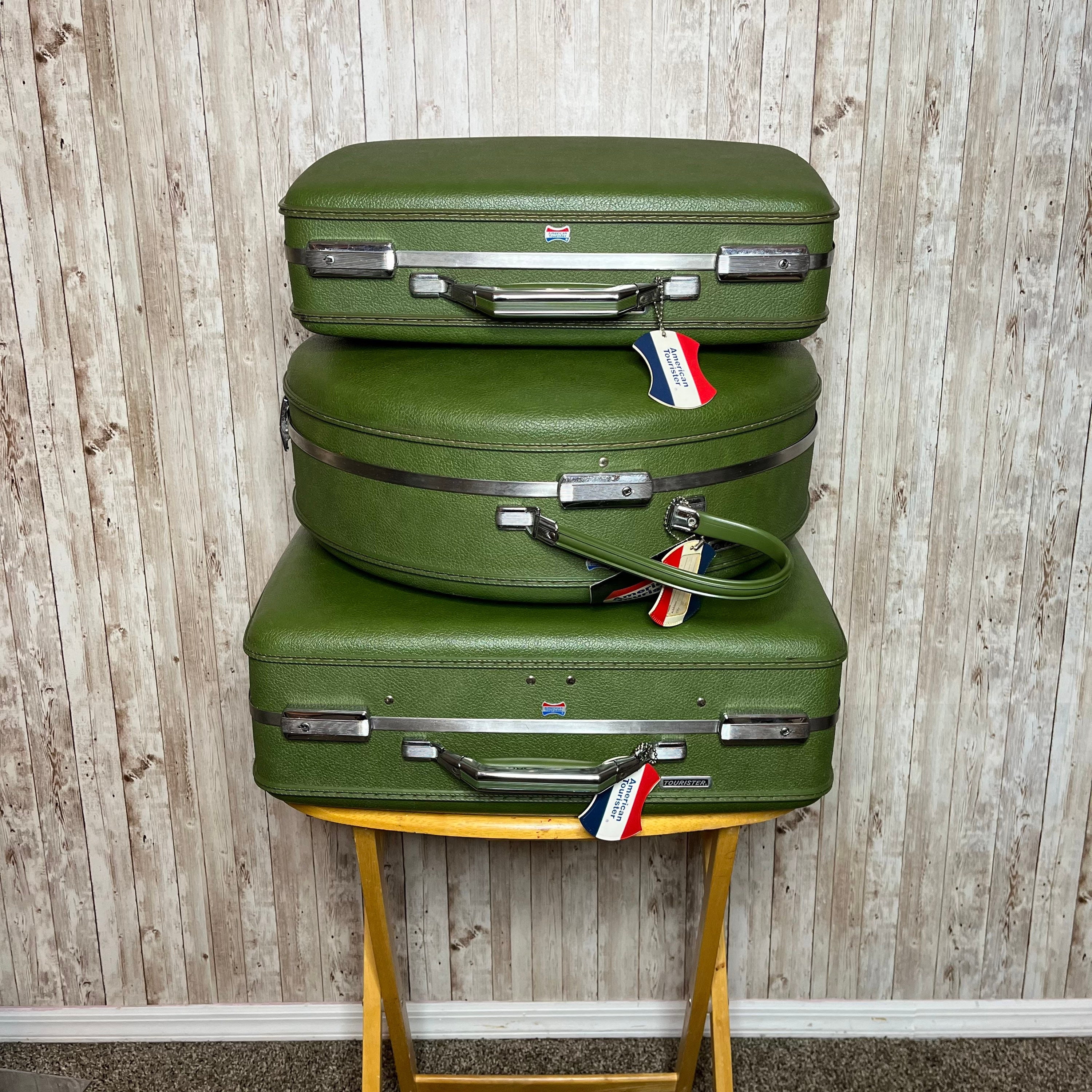 Vintage American Tourister Round Suitcase Luggage Tri-Taper Train Hat Box -   Log Cabin Decor