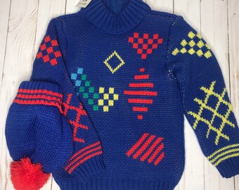 Vintage 1980s 1990s Unisex Youth Sweater and Hat Set, Children’s Primary Colors Geometric Colorblock Sweater, Petit Jouet NWT Size 4 Toddler