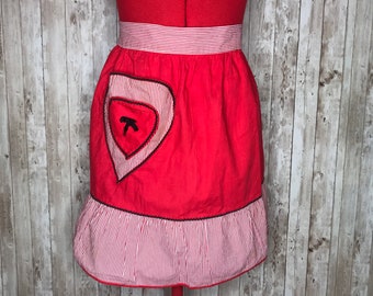 Vintage Half Apron, Red with Red and White Stripes Vintage Apron, 1950s Half Apron with Pocket, Hostess Apron, Kitchen Apron
