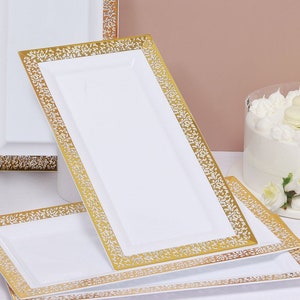 4 Pack - 14" White Plastic Disposable Serving Tray with Gold Lace Print, Serving Platter, Party Tray, Reusable Tray, Decorative Tray