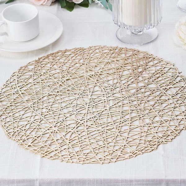 6 Pack | 15" Metallic Champagne Woven Vinyl Placemats, Round Table Placemats, Non-Slip Table Mats For Dining, Coffee, Table Decor