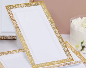 4 Pack - 14" White Plastic Disposable Serving Tray with Gold Lace Print, Serving Platter, Party Tray, Reusable Tray, Decorative Tray