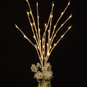 May include: White twig branches with warm white LED lights in a clear glass vase with white flowers. The vase is on a light brown surface.