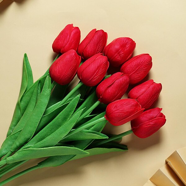 10 Pack | 13" Red Single Stem Real Touch Tulips Artificial Flowers Bouquet, Foam Floral Wedding Flower, Vase Flowers, Silk Flowers