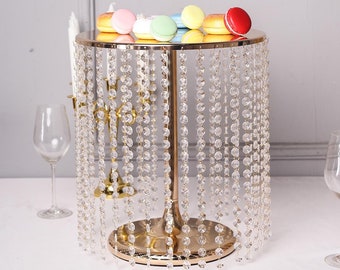 14" Dia. Gold Cake Stand w/ 35 Acrylic Crystal Chains, Metal Cake Stand Riser, Round Display Stand for Cakes, Cupcake Stand, Wedding Stand