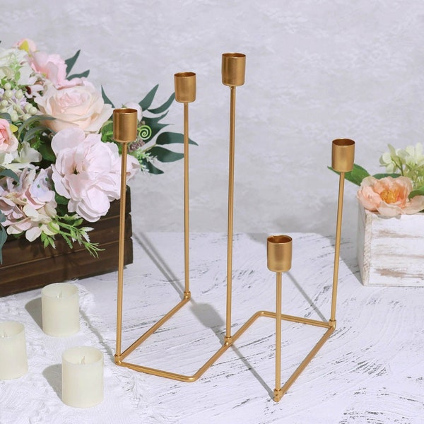 5 Arm | Gold Metal Geometric Candelabra Taper Candle Holder Centerpiece - 12"