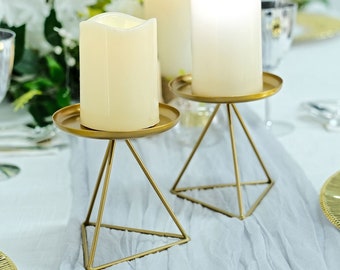 2 Pack | 5" Gold Metal Triangle Base Pillar Candle Holder Stands, Geometric Candle Centerpieces